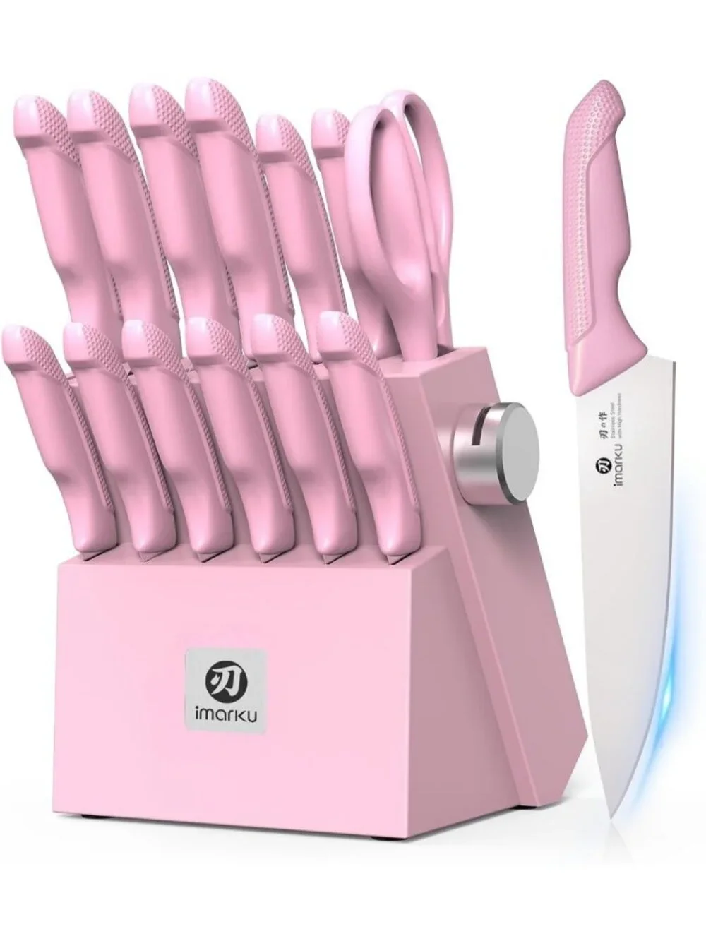 14-Piece Pink Kitchen Knife Set with Block & Built-in Sharpener, Ergonomic